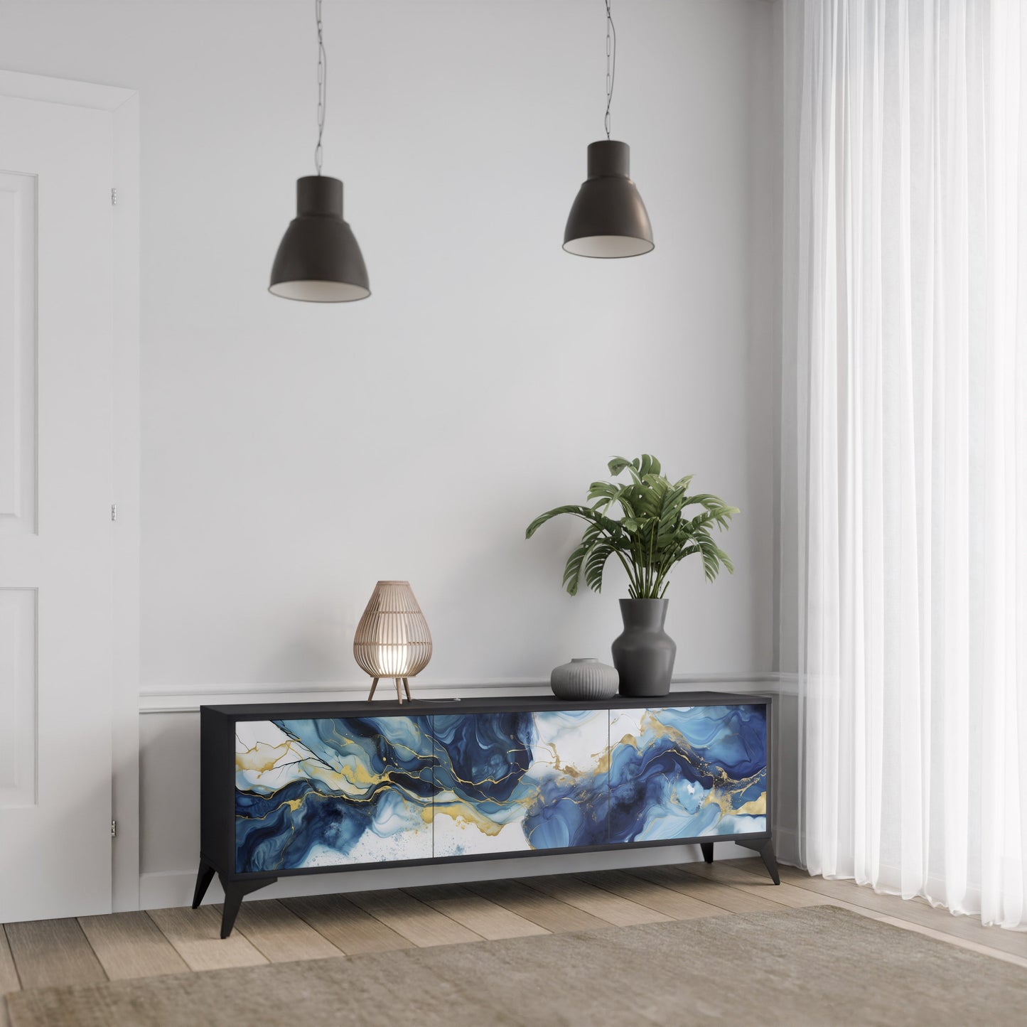 Mobile TV INKY MARBLE a 3 ante con finitura nera