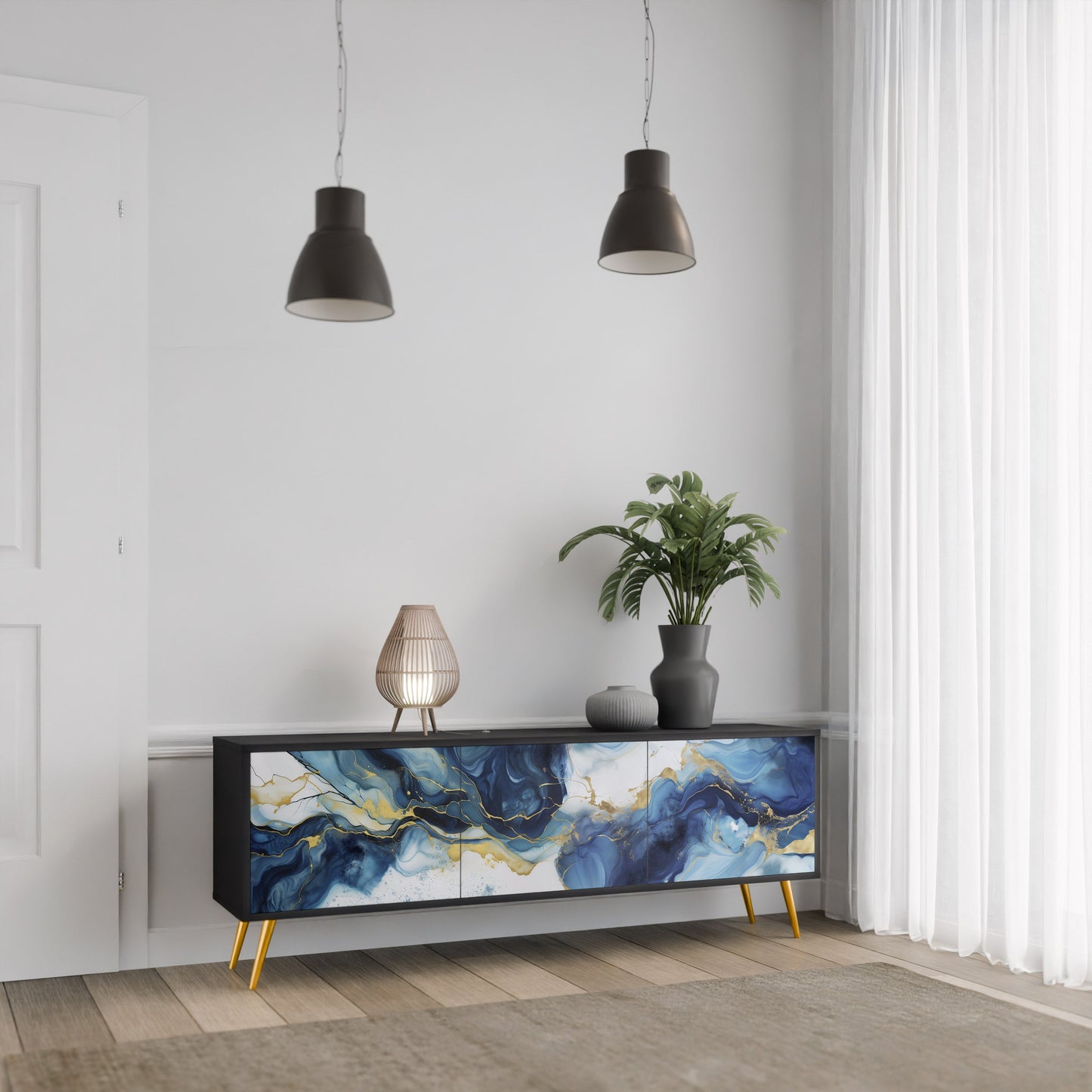 Mobile TV INKY MARBLE a 3 ante con finitura nera