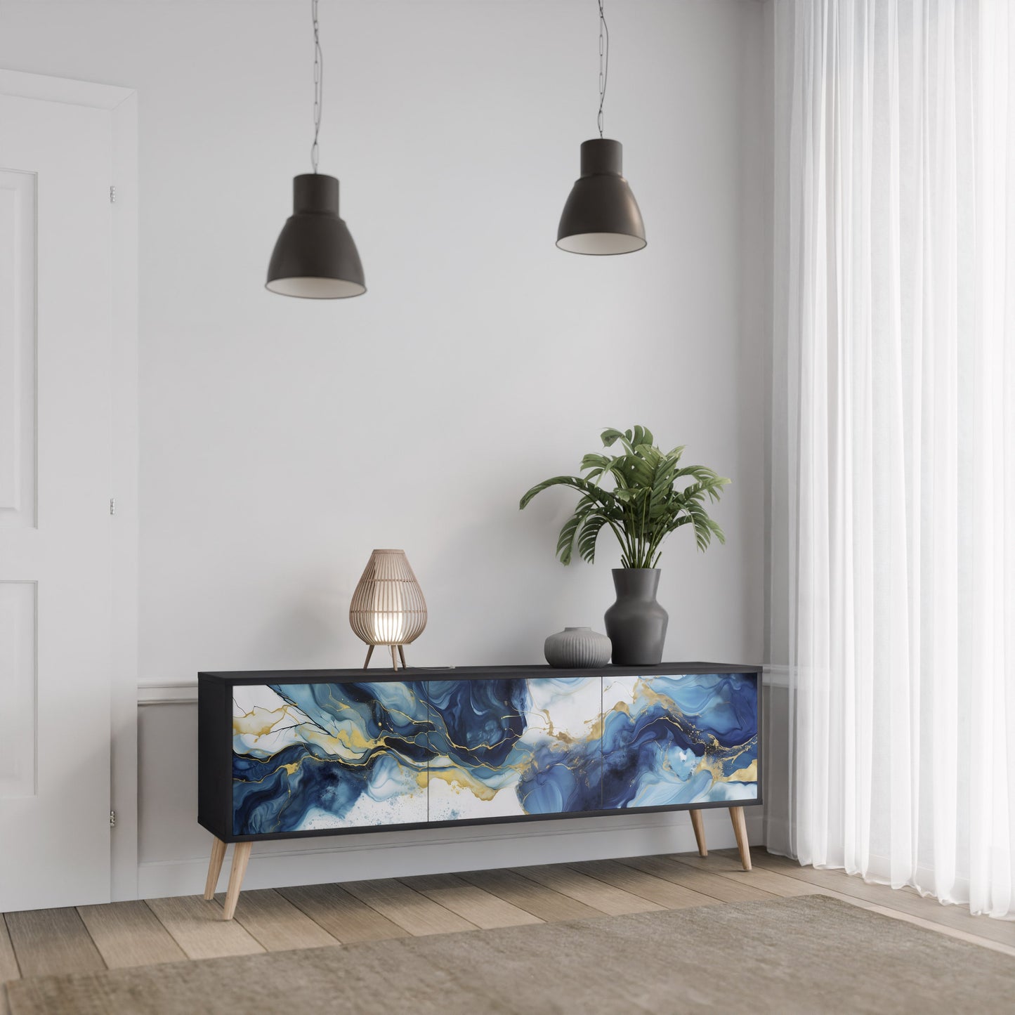 Mobile TV INKY MARBLE a 3 ante con finitura nera