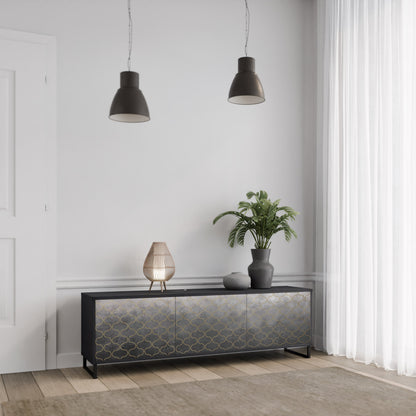 TESSELATED GRAYISH 3-Door TV Stand in Black Finish
