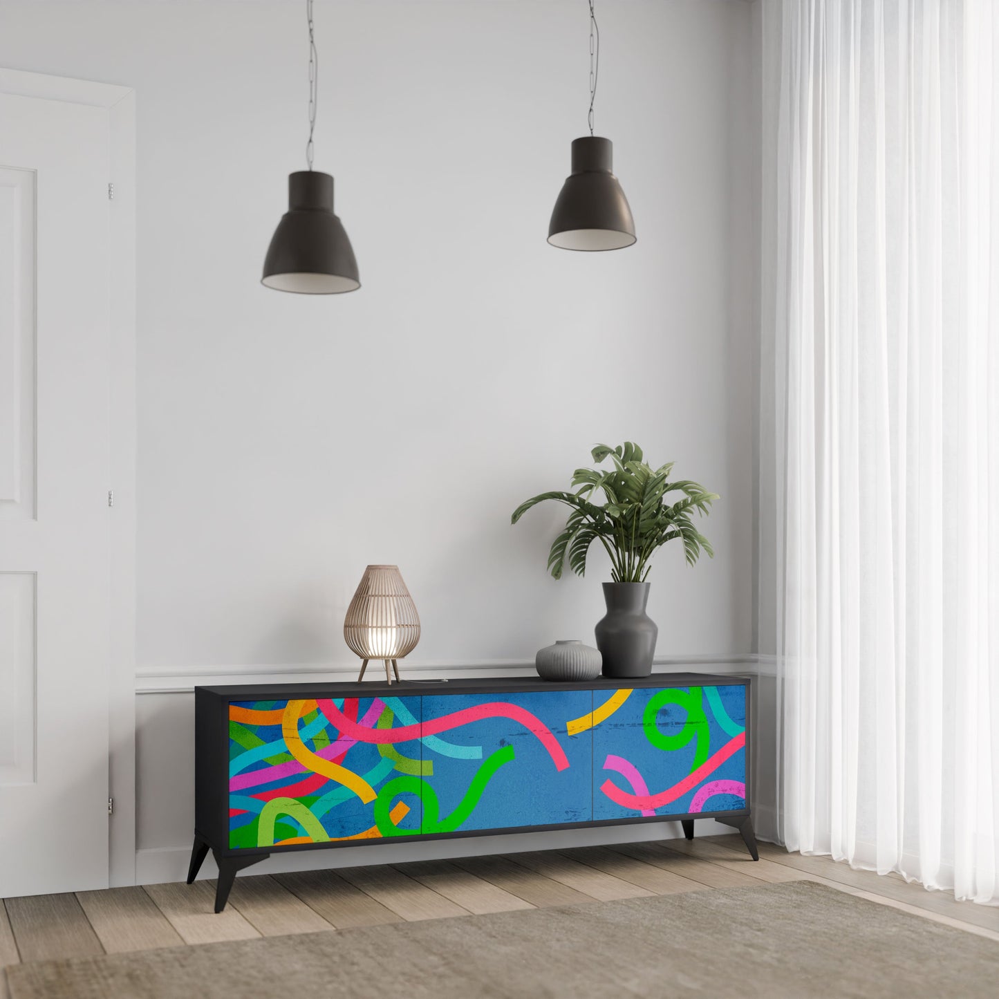 STREAMER TANGLE 3-Door TV Stand in Black Finish