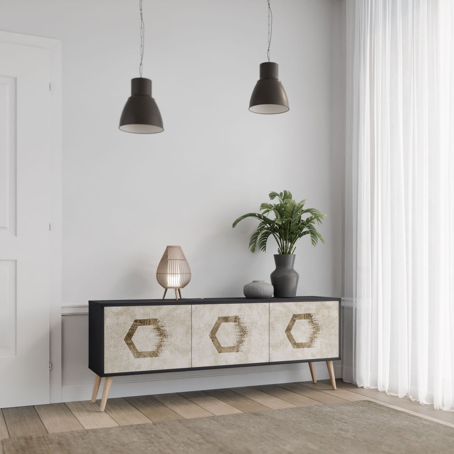HEXAGONAL SHAPES 3-Door TV Stand in Black Finish
