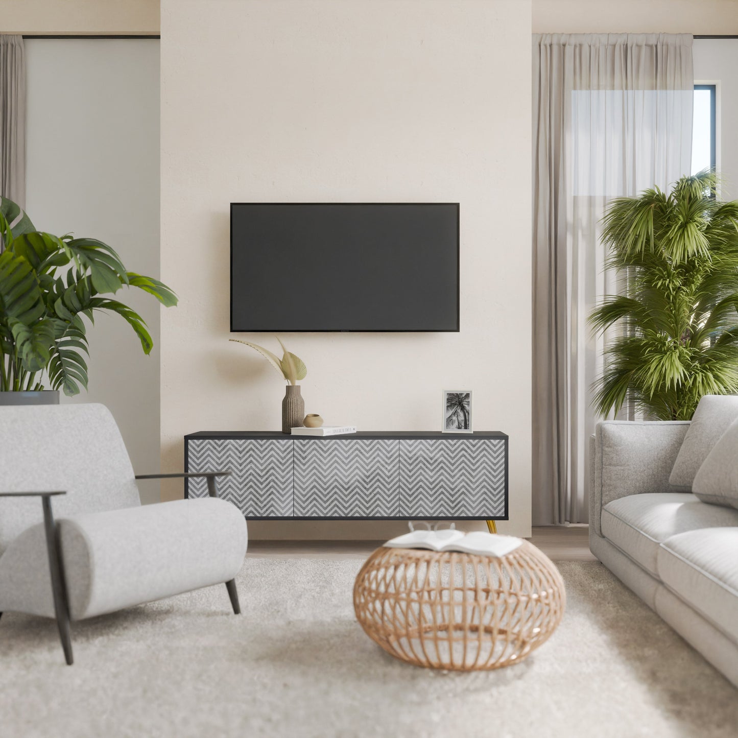 Mobile TV CONCRETE ZIG ZAG a 3 ante in finitura nera