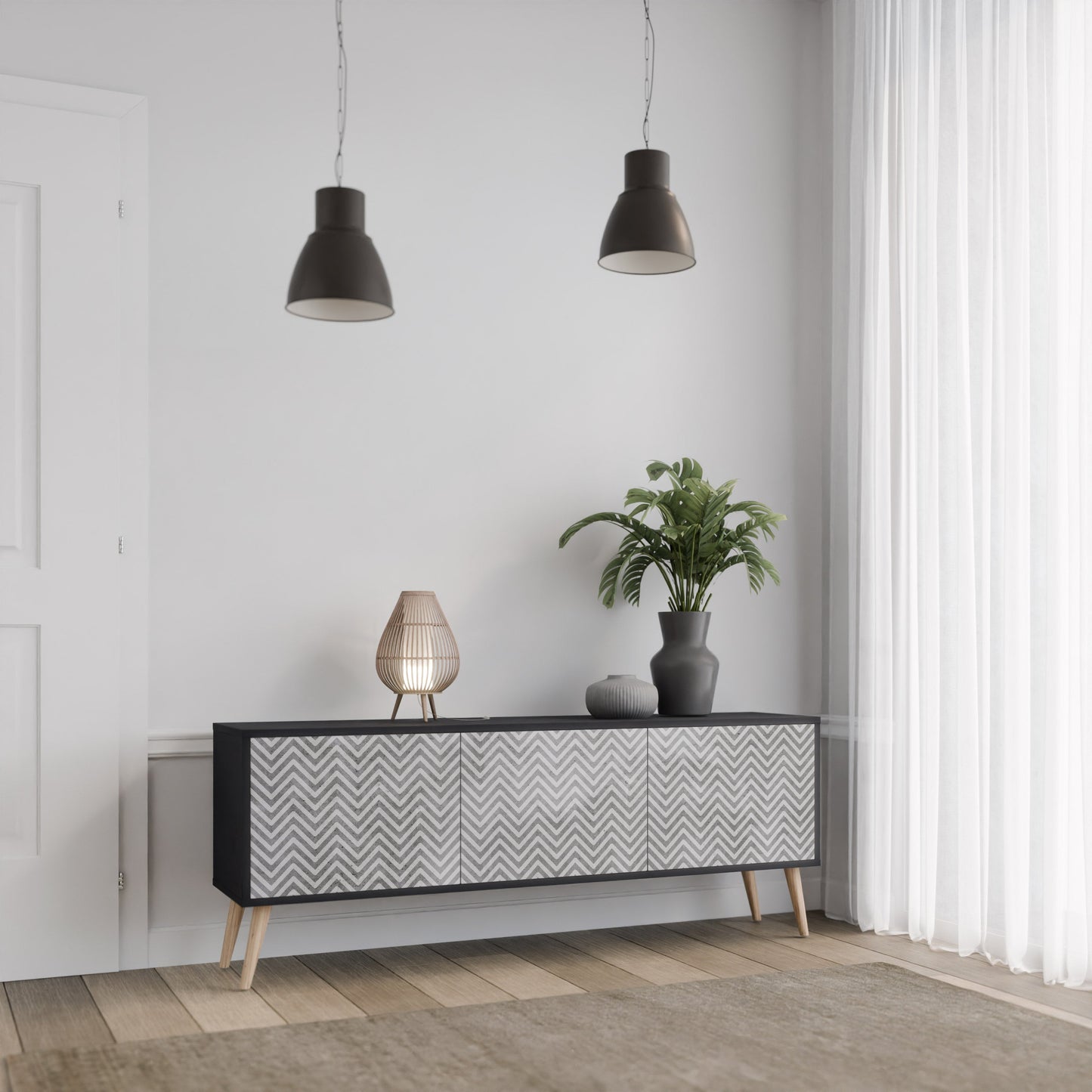 Mobile TV CONCRETE ZIG ZAG a 3 ante in finitura nera