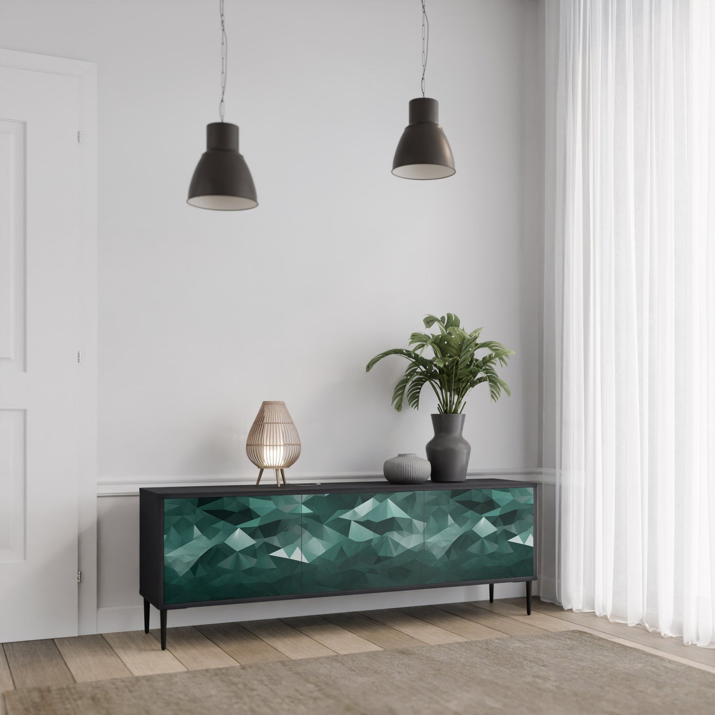 Mobile TV POLYGONAL FLOATING a 3 ante con finitura nera