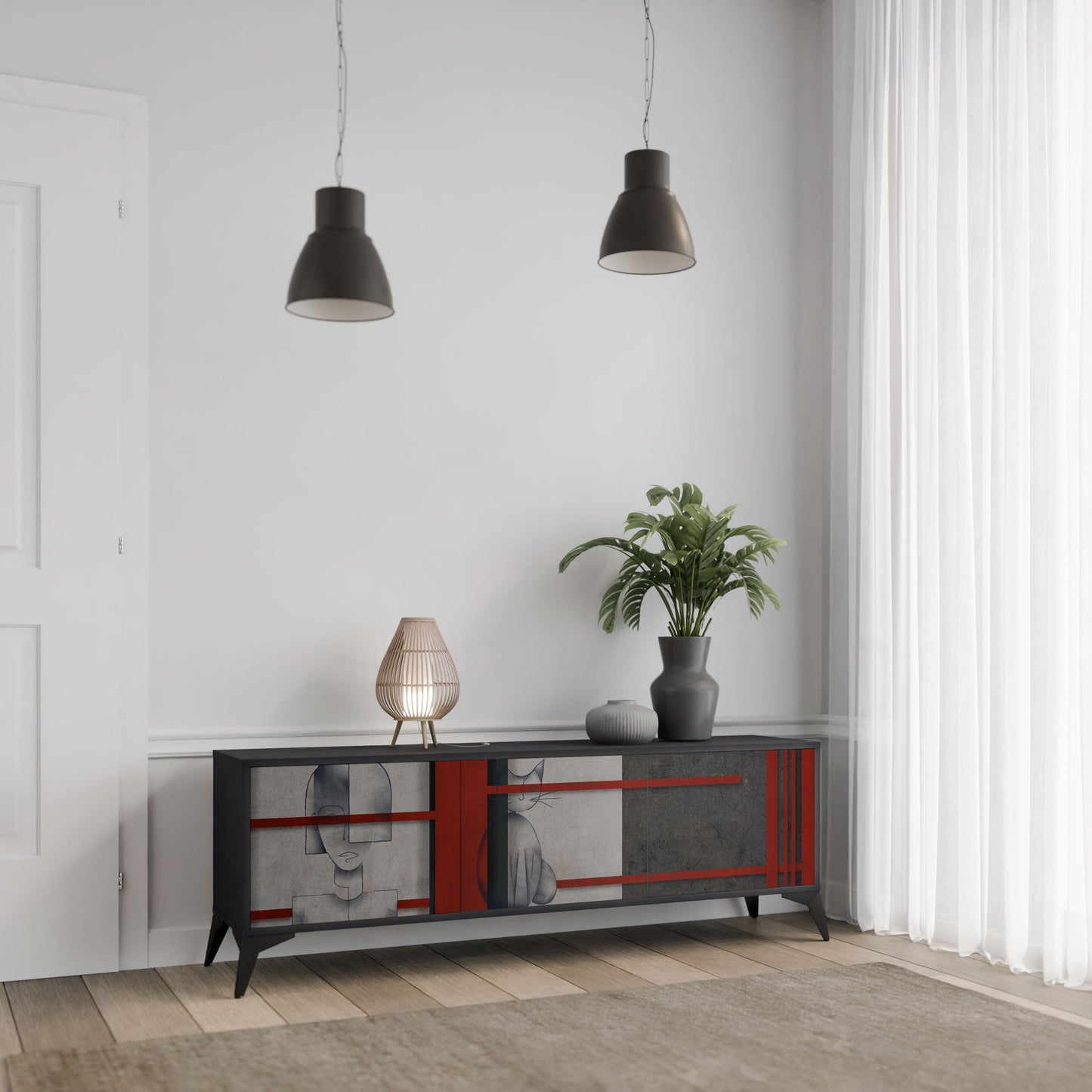 Mobile TV GRAY FIGURES a 3 ante con finitura nera