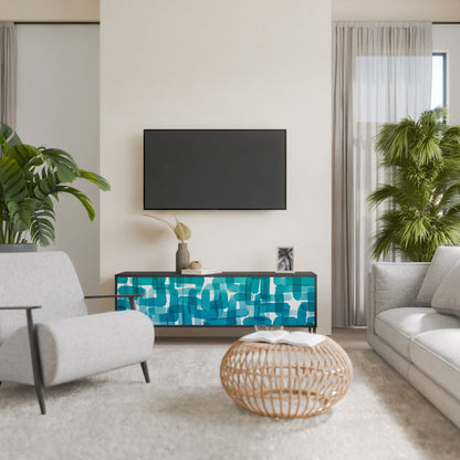 TURQUOISE RECTANGLES 3-Door TV Stand in Black Finish