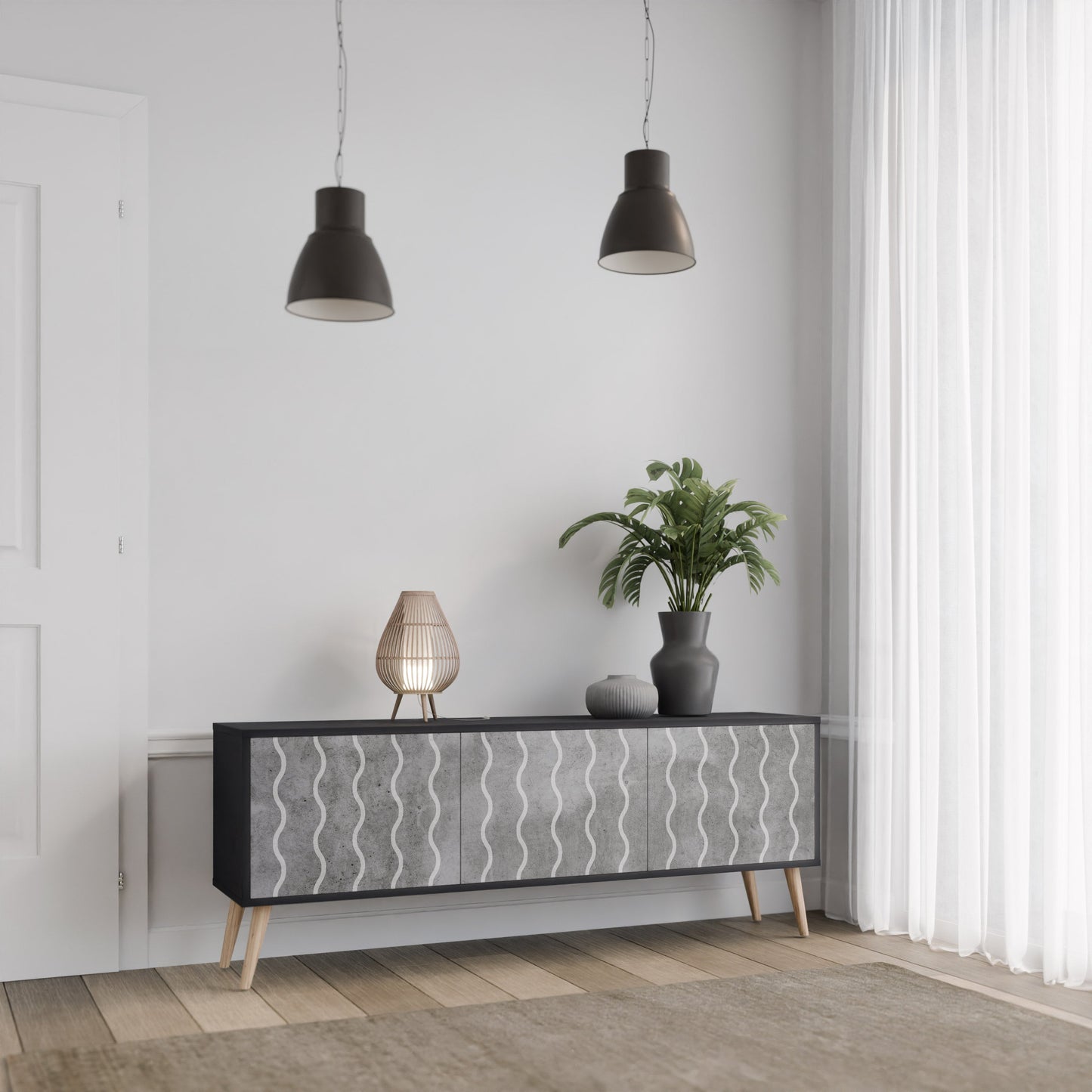 WAVES OF CONCRETE 3-Door TV Stand in Black Finish