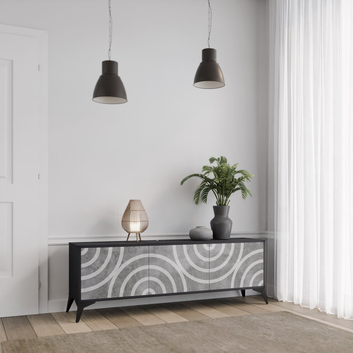 Mobile TV CIRCLE CONCRETE a 3 ante in finitura nera