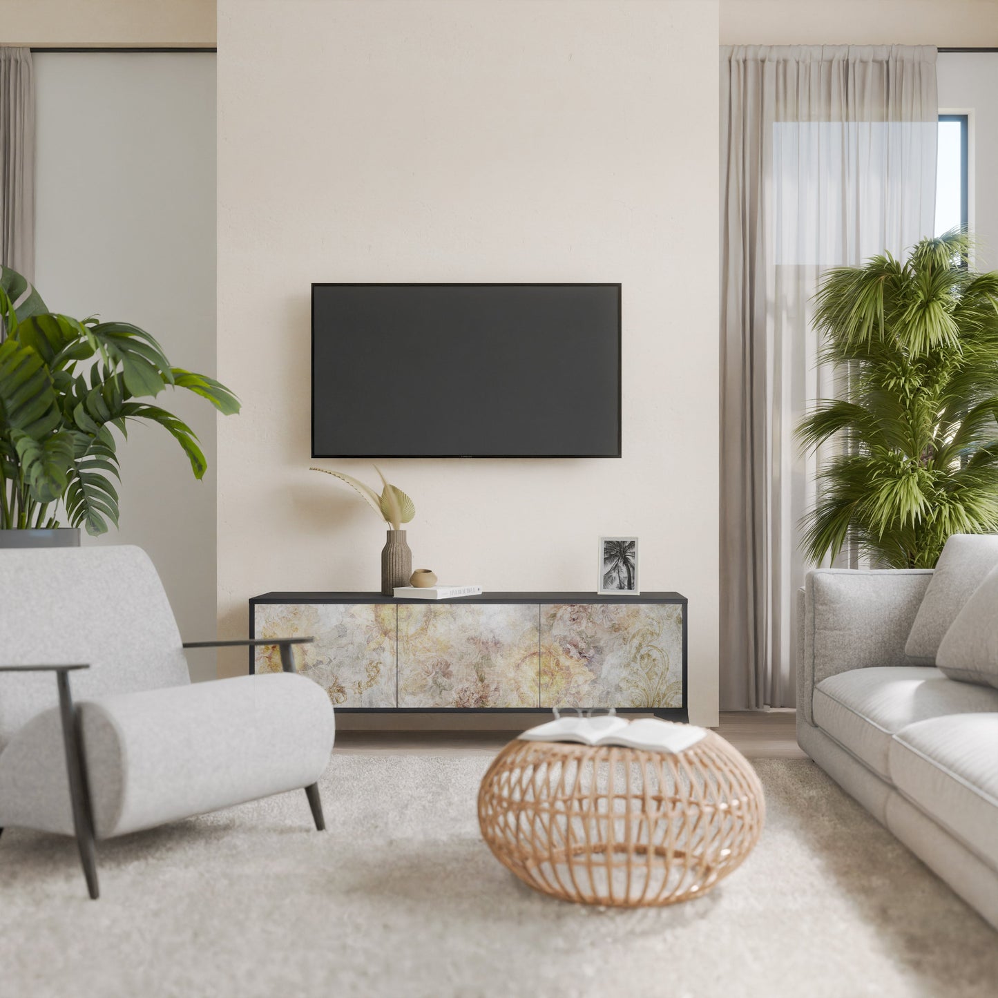 SUNFLOWER BLUR 3-Door TV Stand in Black Finish