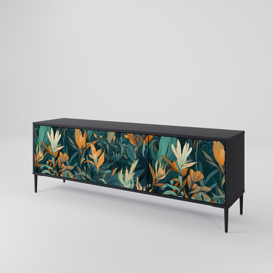 FLORAL SERENITY 3-Door TV Stand in Black Finish