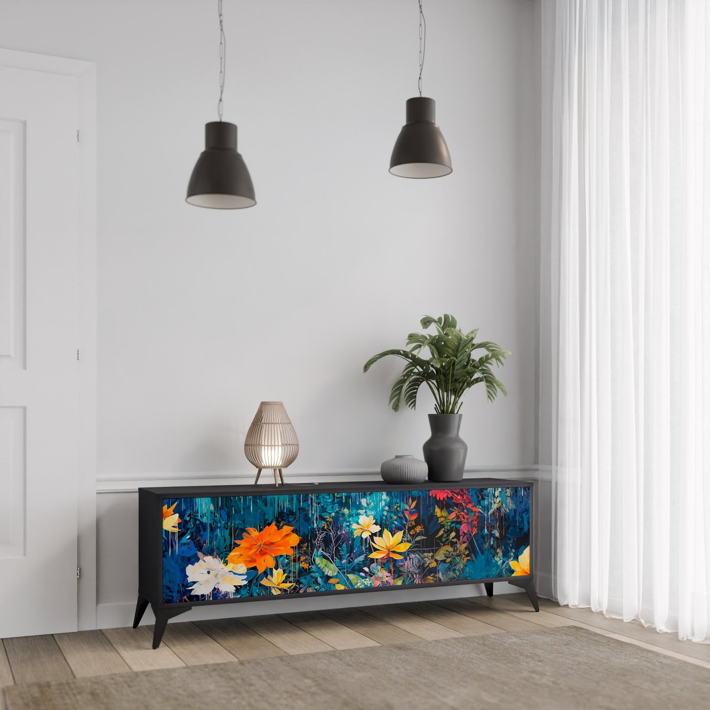 Mobile TV a 3 ante MIDNIGHT BLOSSOM in finitura nera