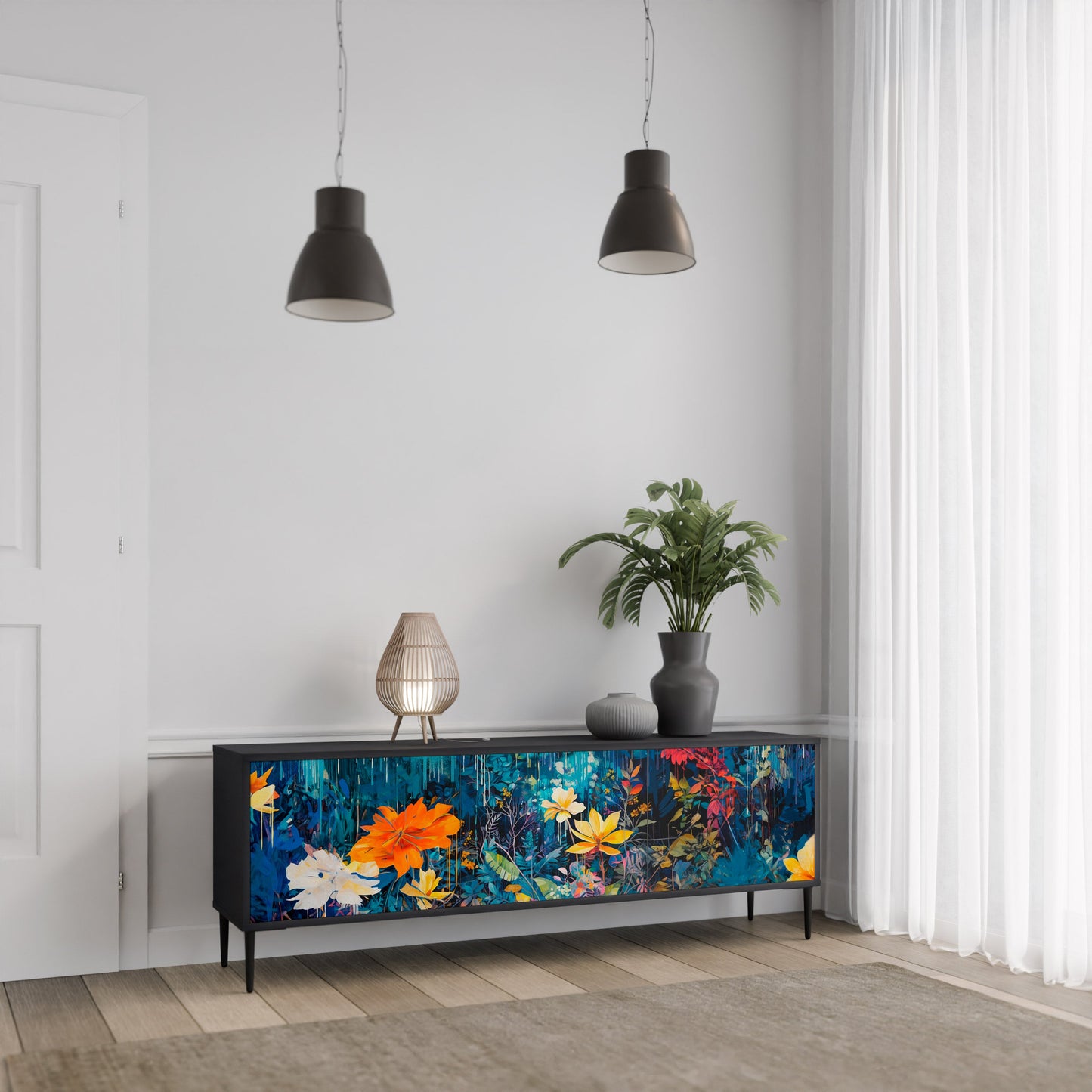 Mobile TV a 3 ante MIDNIGHT BLOSSOM in finitura nera