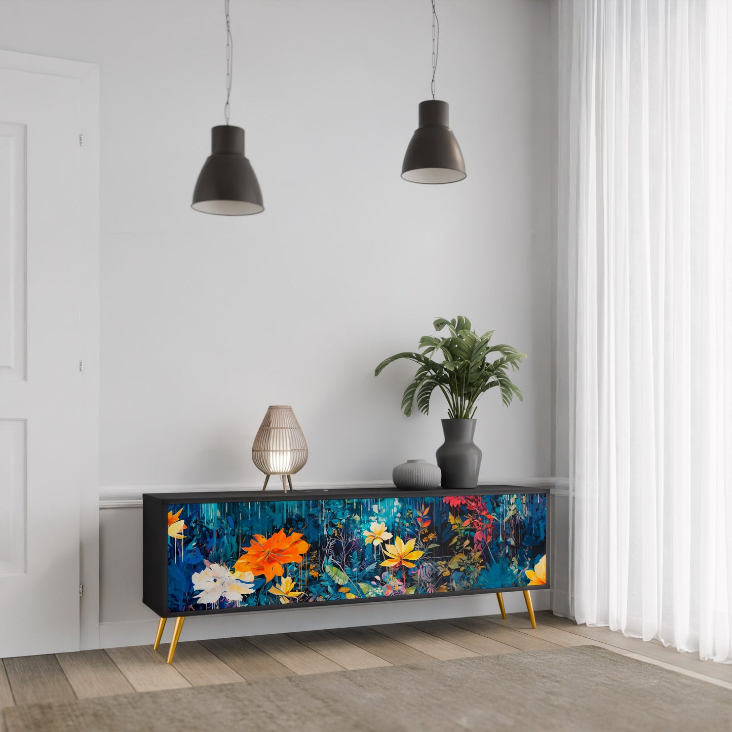 Mobile TV a 3 ante MIDNIGHT BLOSSOM in finitura nera