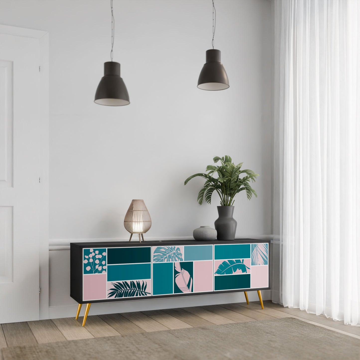 COMBINATION OF SHAPES 3-Door TV Stand in Black Finish