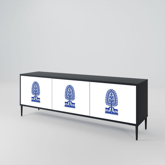 POLISH FOLK ART 3-Door TV Stand in Black Finish