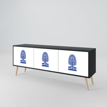 POLISH FOLK ART 3-Door TV Stand in Black Finish