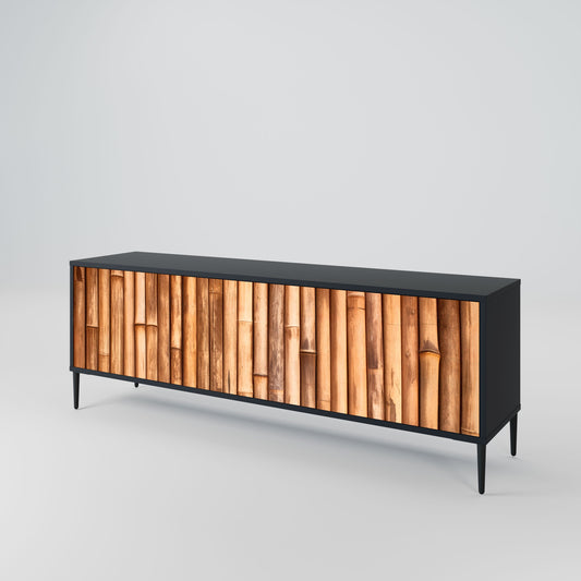 NATURAL WOOD 3-Door TV Stand in Black Finish