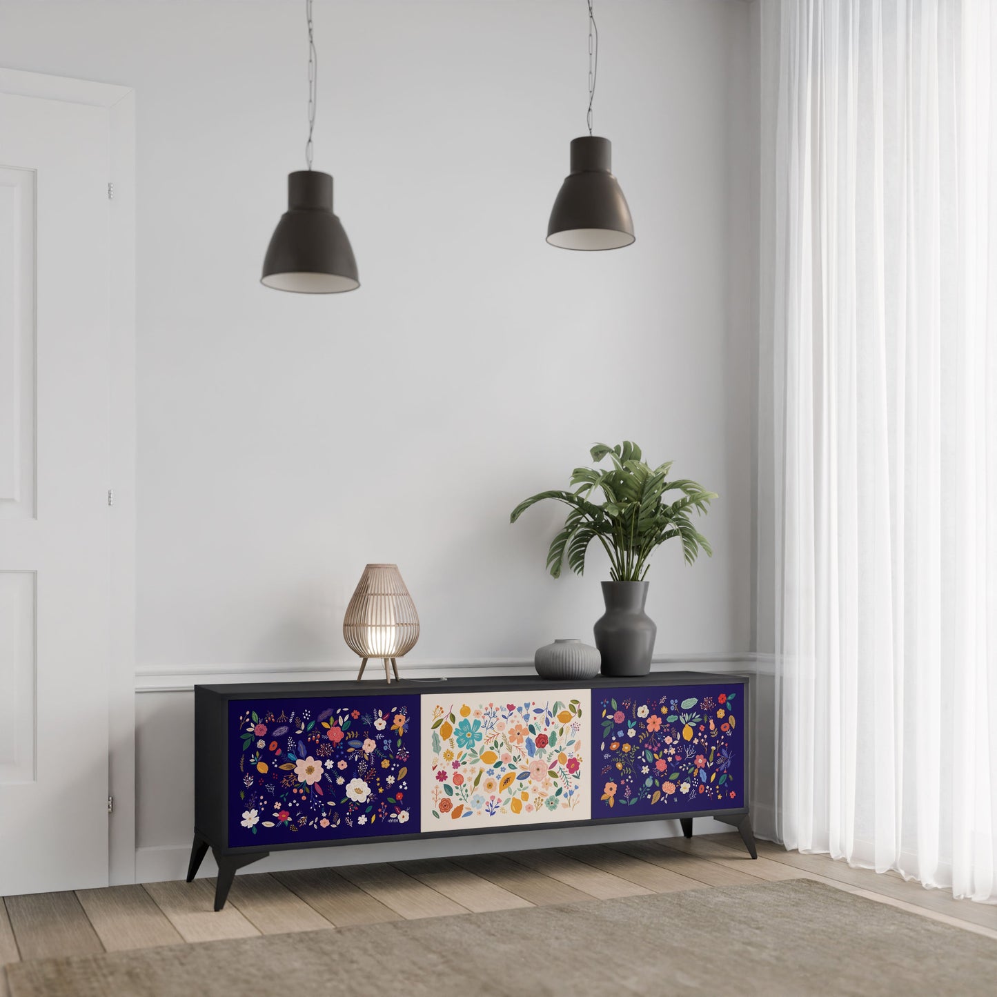Mobile TV a 3 ante FLORAL COMBINATION in finitura nera