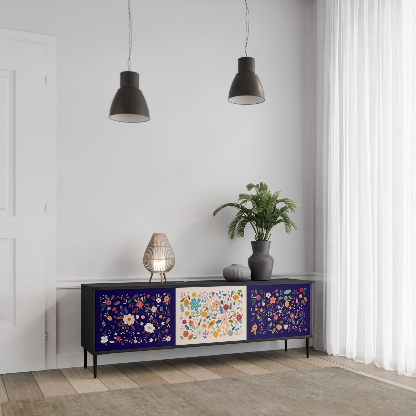 Mobile TV a 3 ante FLORAL COMBINATION in finitura nera