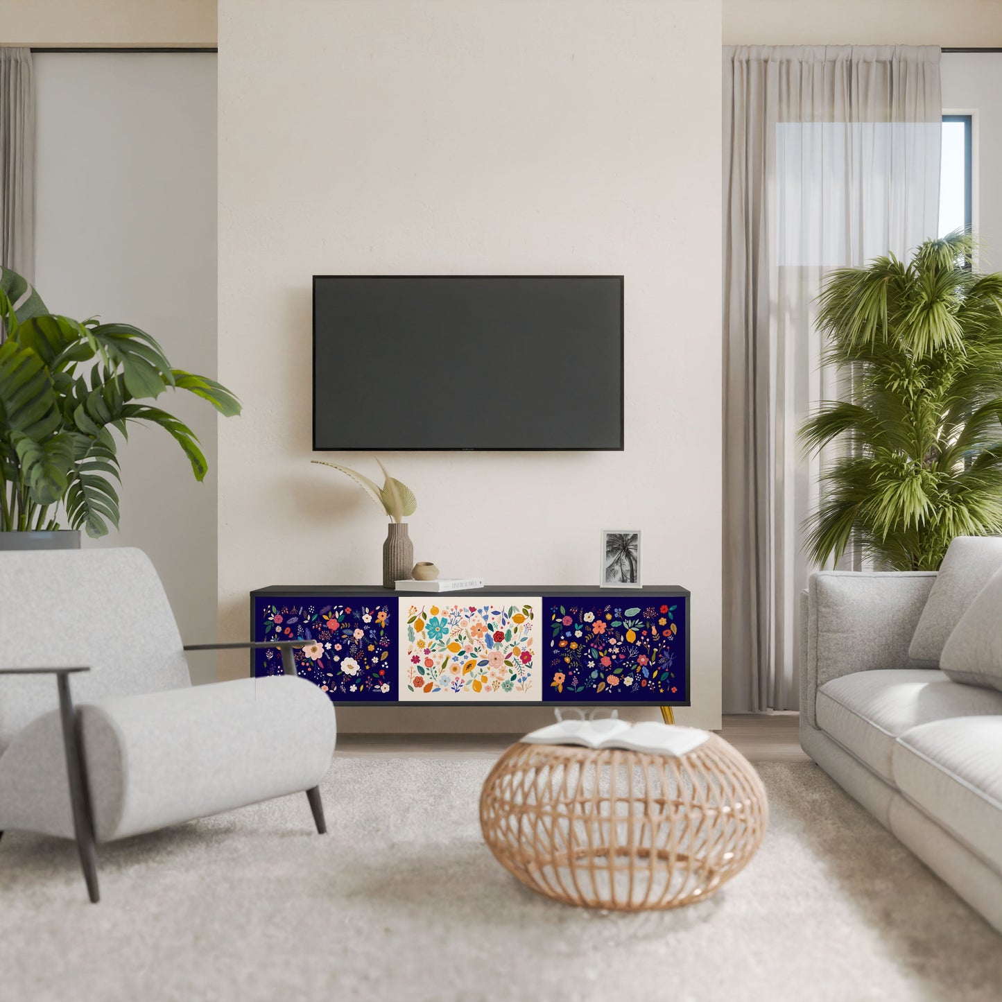 Mobile TV a 3 ante FLORAL COMBINATION in finitura nera