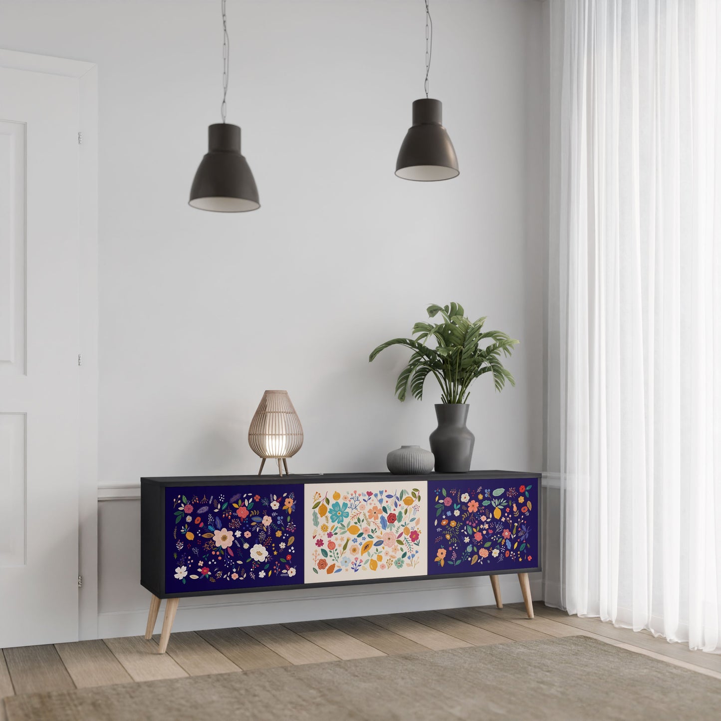 Mobile TV a 3 ante FLORAL COMBINATION in finitura nera
