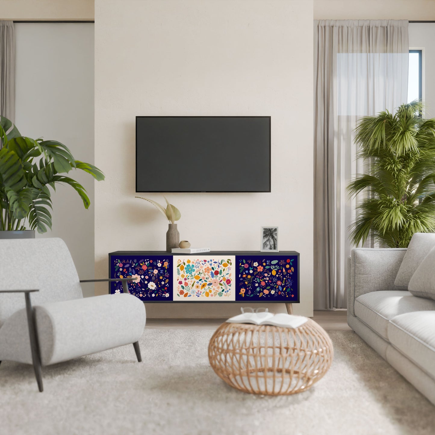Mobile TV a 3 ante FLORAL COMBINATION in finitura nera