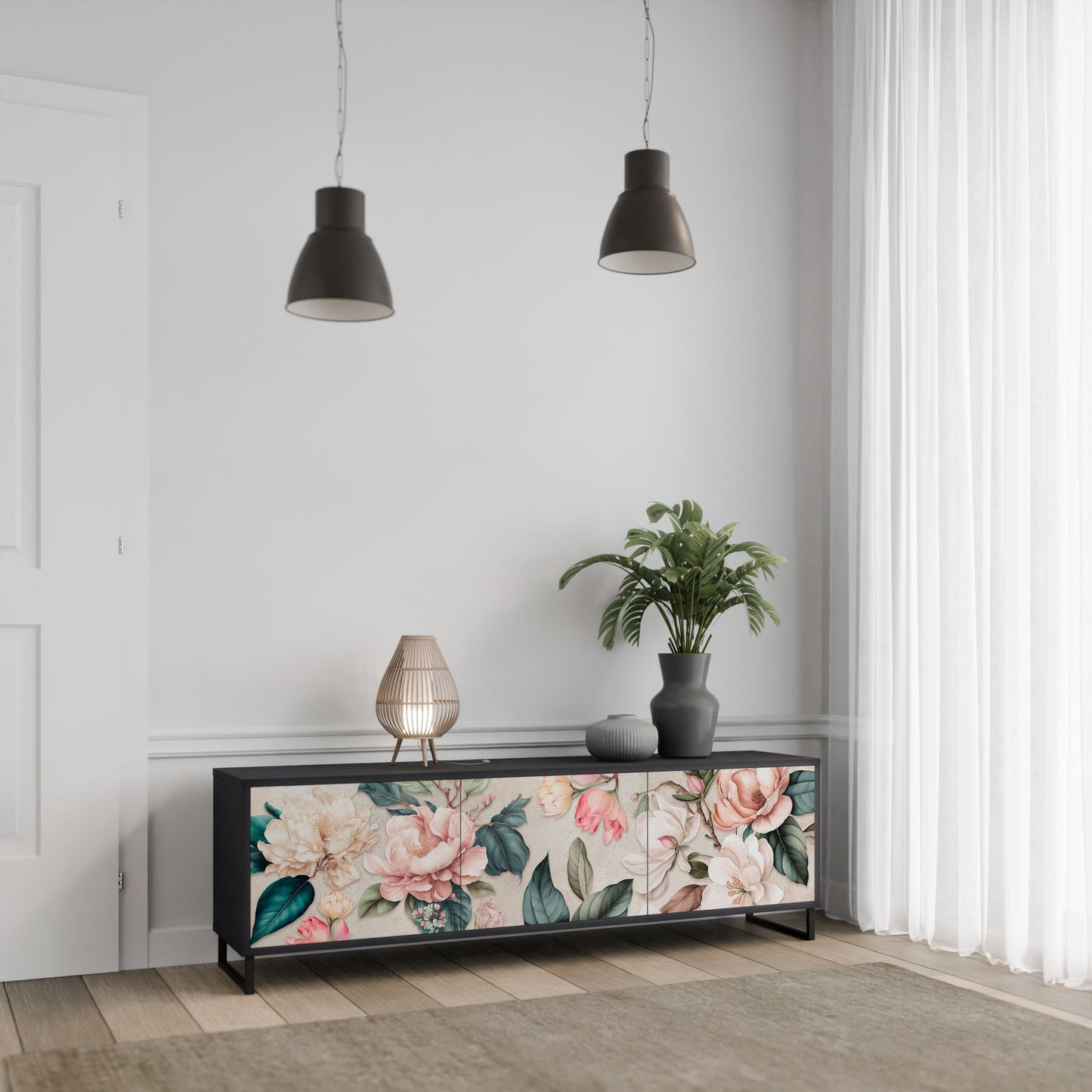 Mobile TV FLORAL GRACE a 3 ante in finitura nera