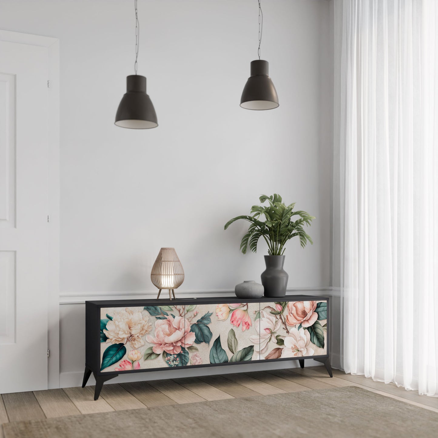 Mobile TV FLORAL GRACE a 3 ante in finitura nera