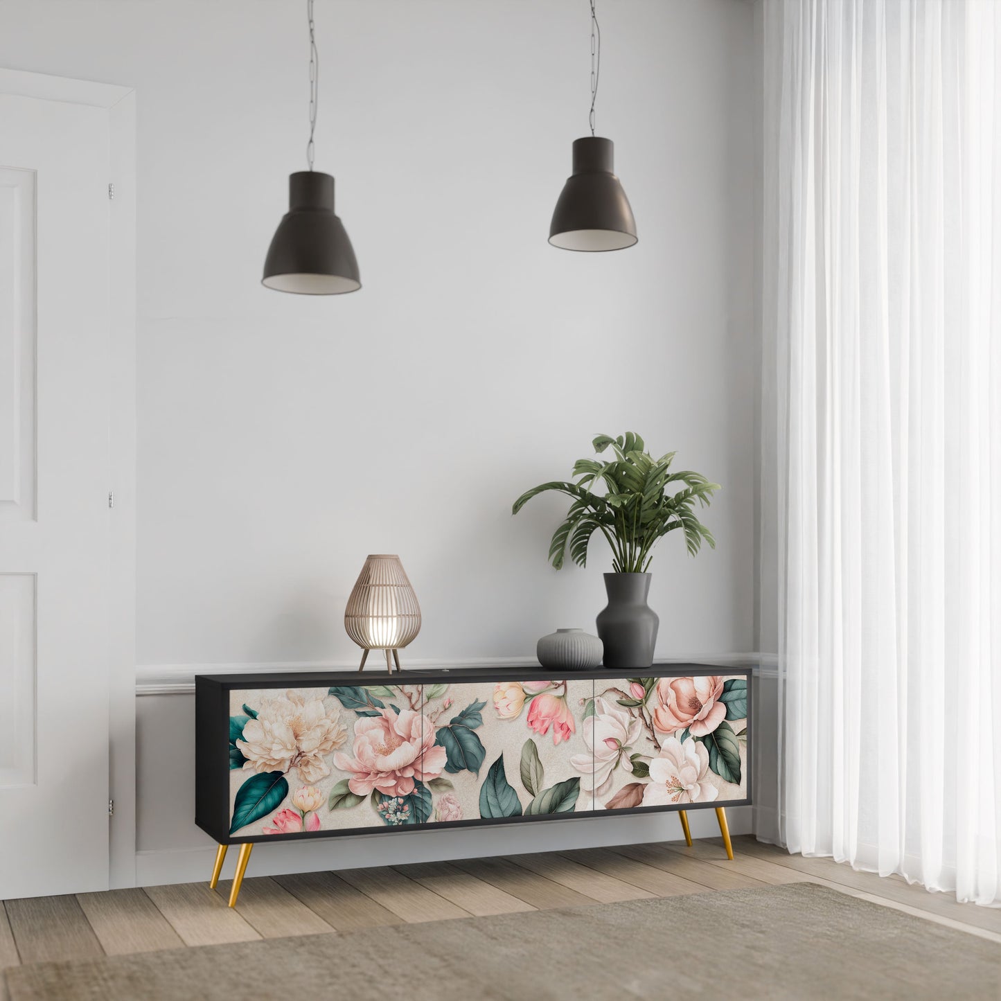 Mobile TV FLORAL GRACE a 3 ante in finitura nera