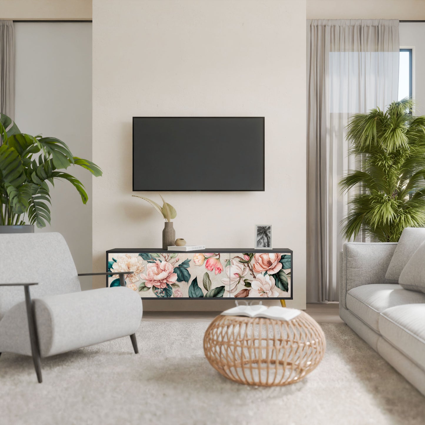 Mobile TV FLORAL GRACE a 3 ante in finitura nera