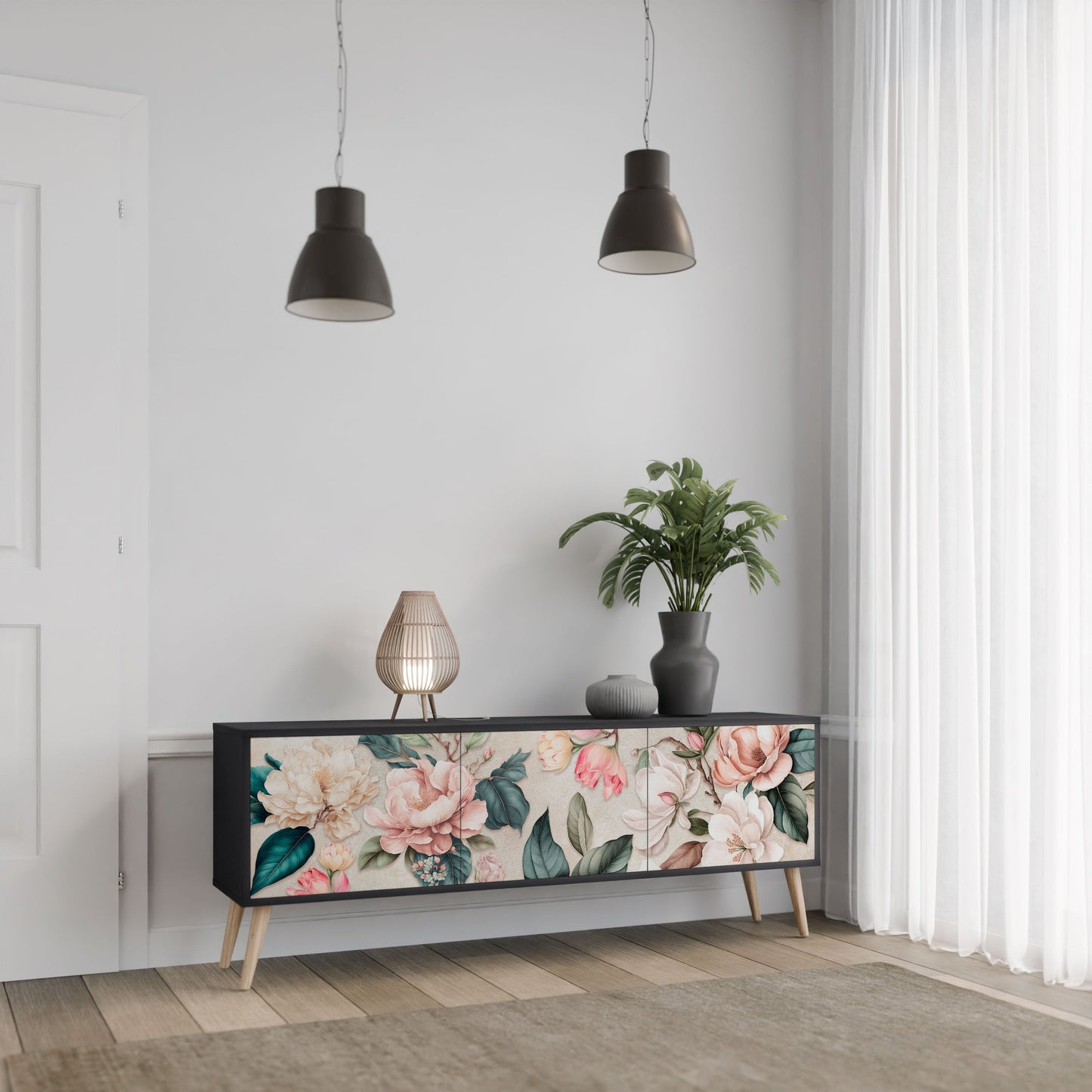 Mobile TV FLORAL GRACE a 3 ante in finitura nera