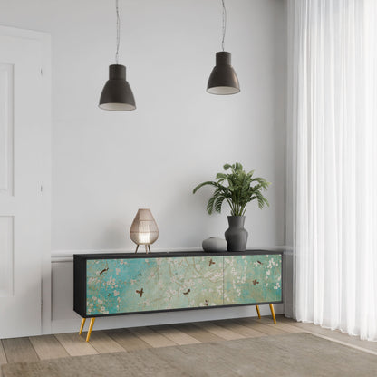BLOOMING CHARM 3-Door TV Stand in Black Finish