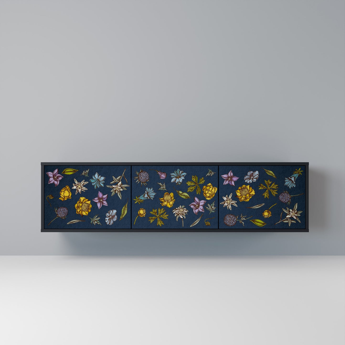 Mobile TV a 3 ante FLOWERS ON NAVY BLUE in finitura nera