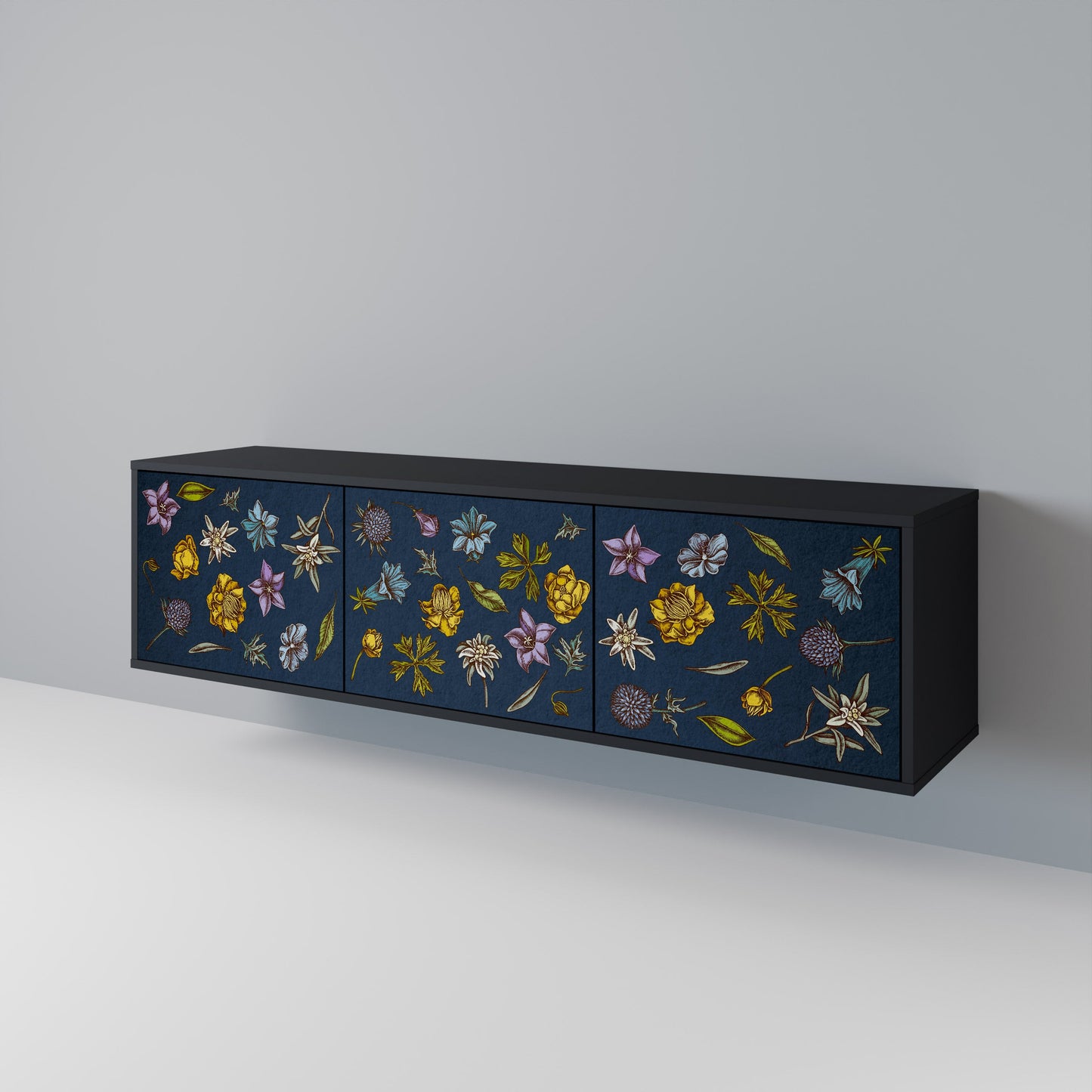 Mobile TV a 3 ante FLOWERS ON NAVY BLUE in finitura nera