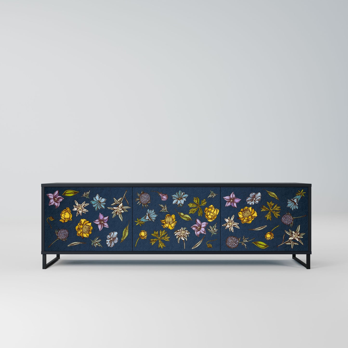 Mobile TV a 3 ante FLOWERS ON NAVY BLUE in finitura nera