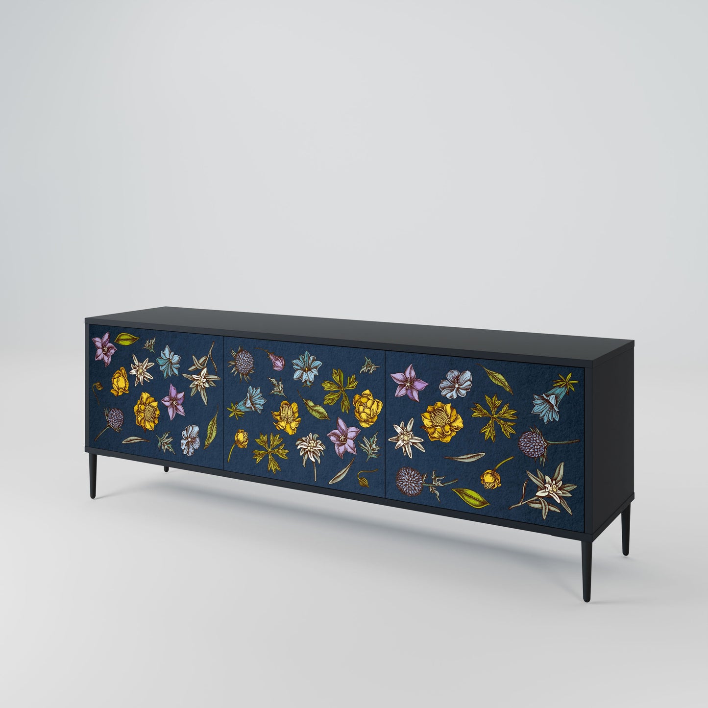 Mobile TV a 3 ante FLOWERS ON NAVY BLUE in finitura nera
