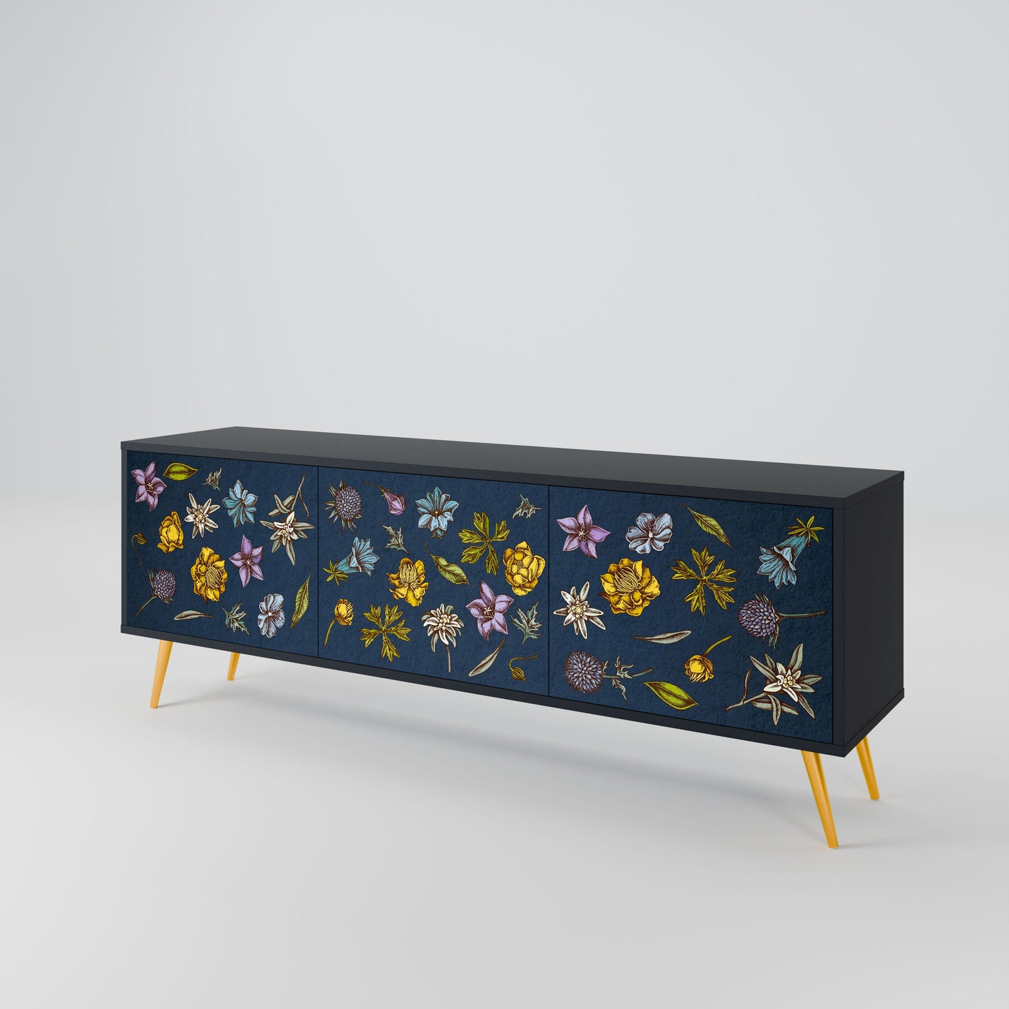 Mobile TV a 3 ante FLOWERS ON NAVY BLUE in finitura nera