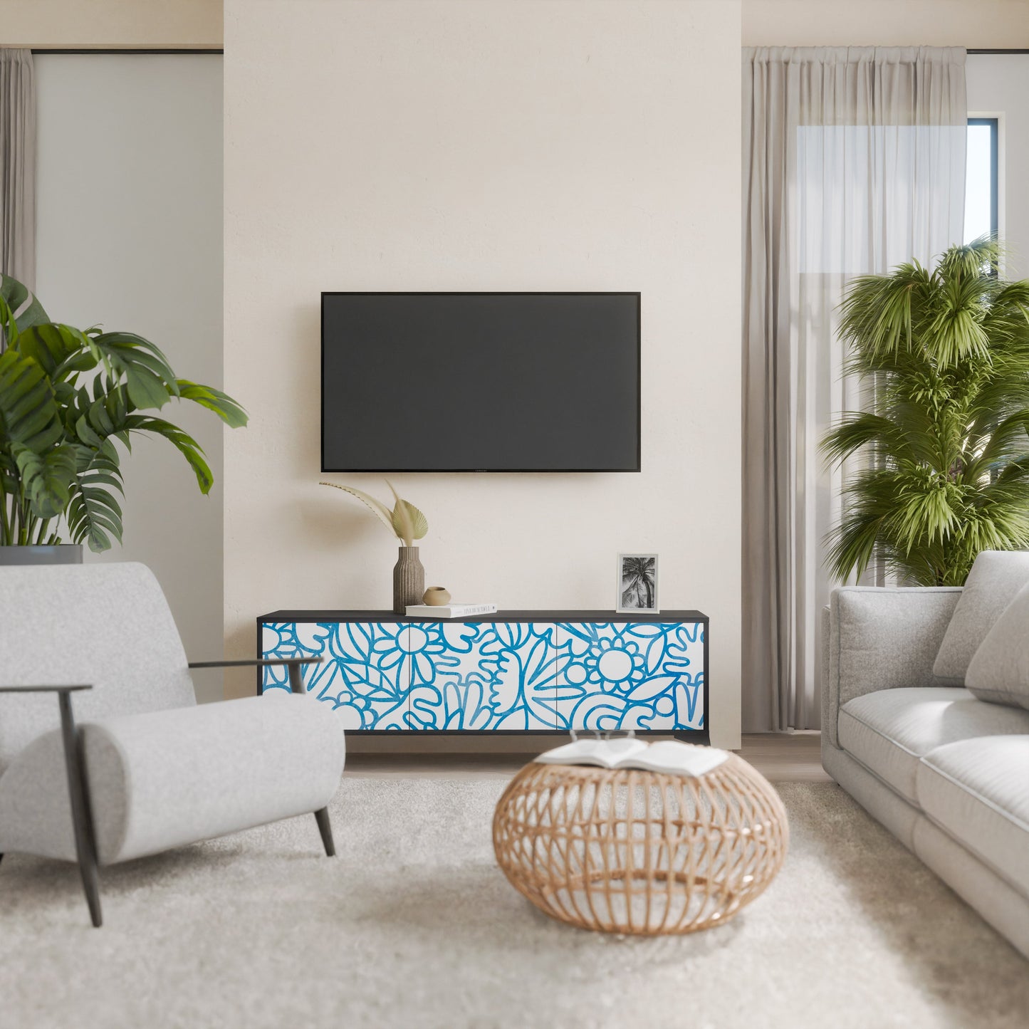 Mobile TV BLOOMY MORNING a 3 ante con finitura nera