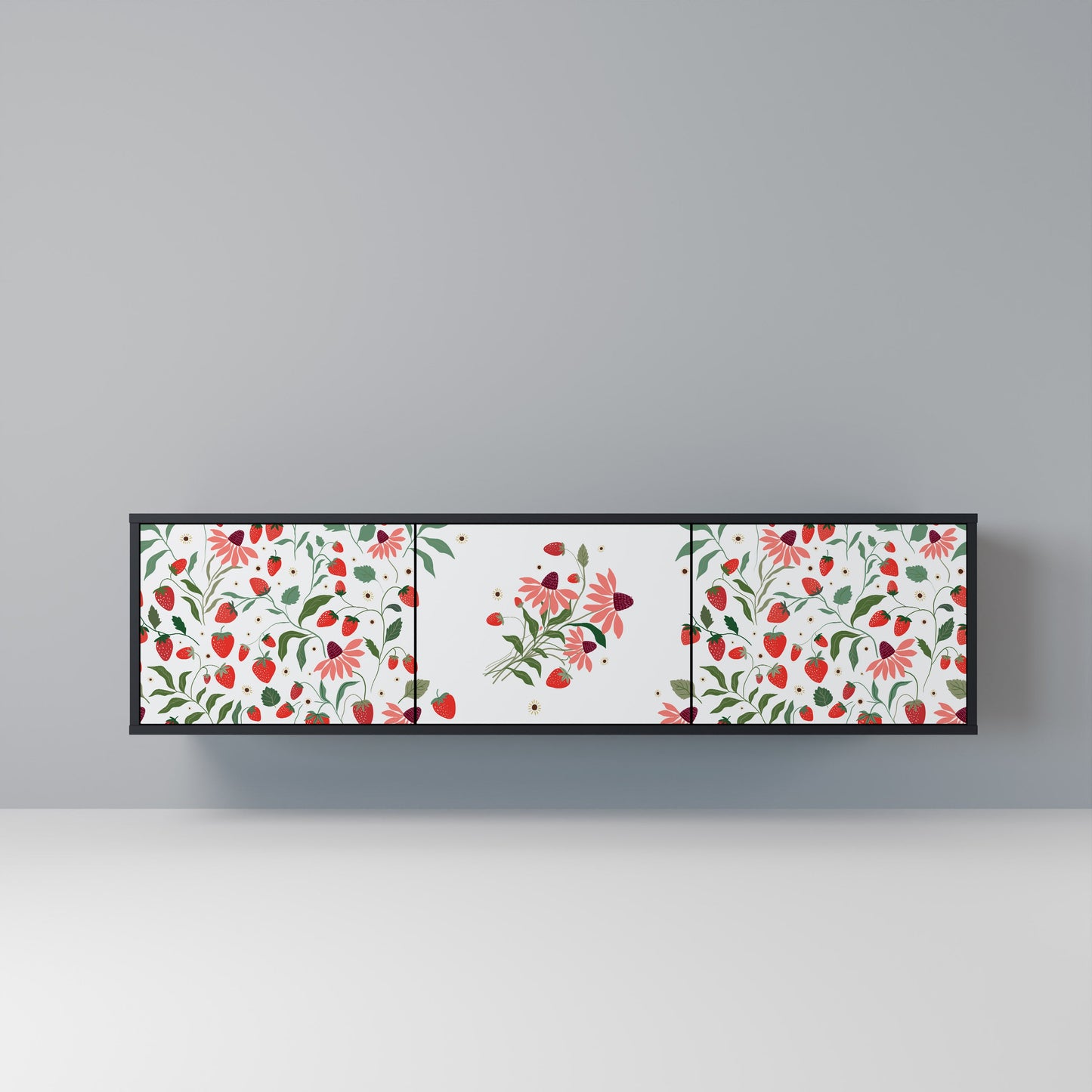 Mobile TV a 3 ante FLOWERS AND STRAWBERRIES in finitura nera