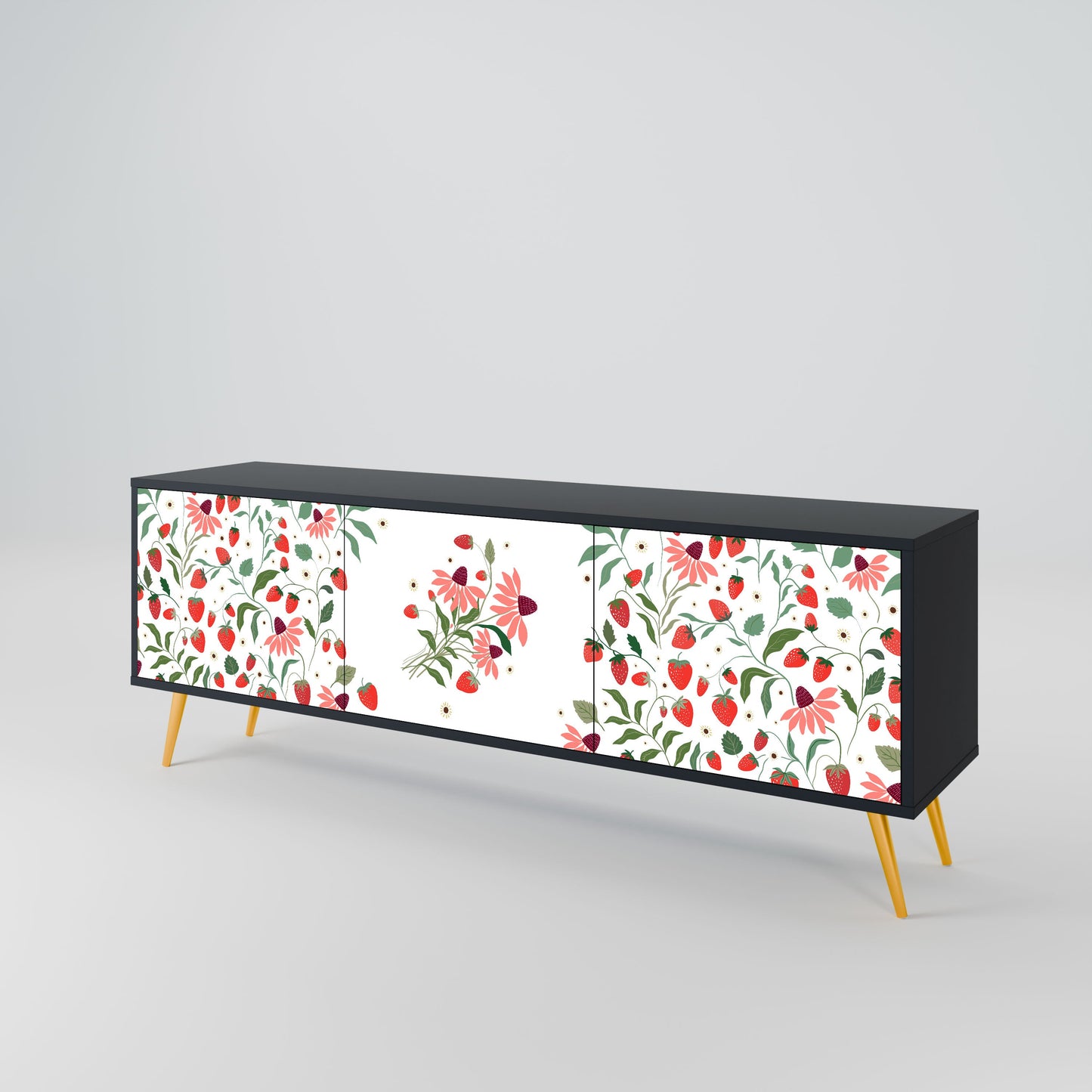 Mobile TV a 3 ante FLOWERS AND STRAWBERRIES in finitura nera