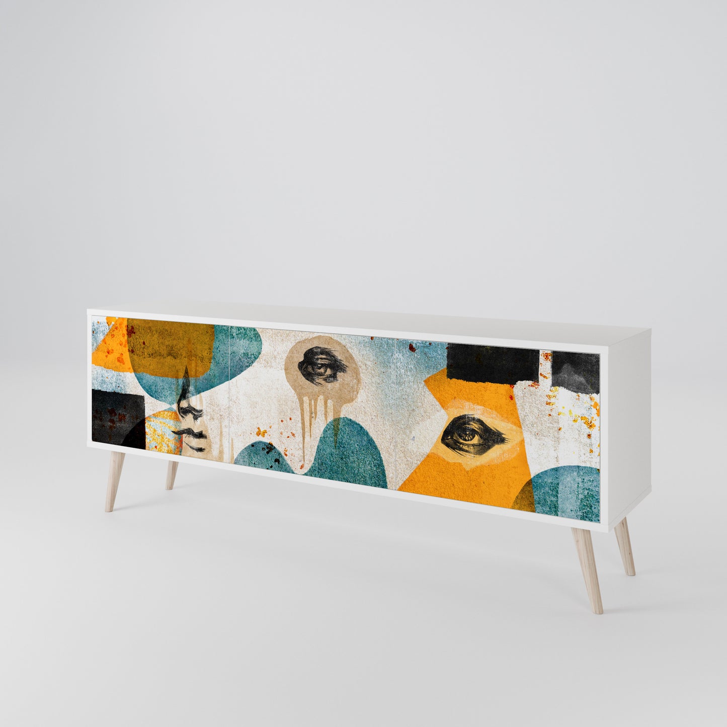 ABSTRACT FACES 3-Door TV Stand in White Finish