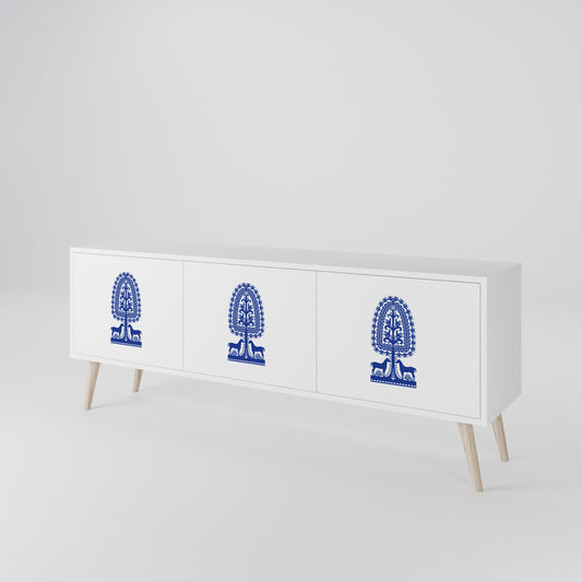 POLISH FOLK ART 3-Door TV Stand in White Finish
