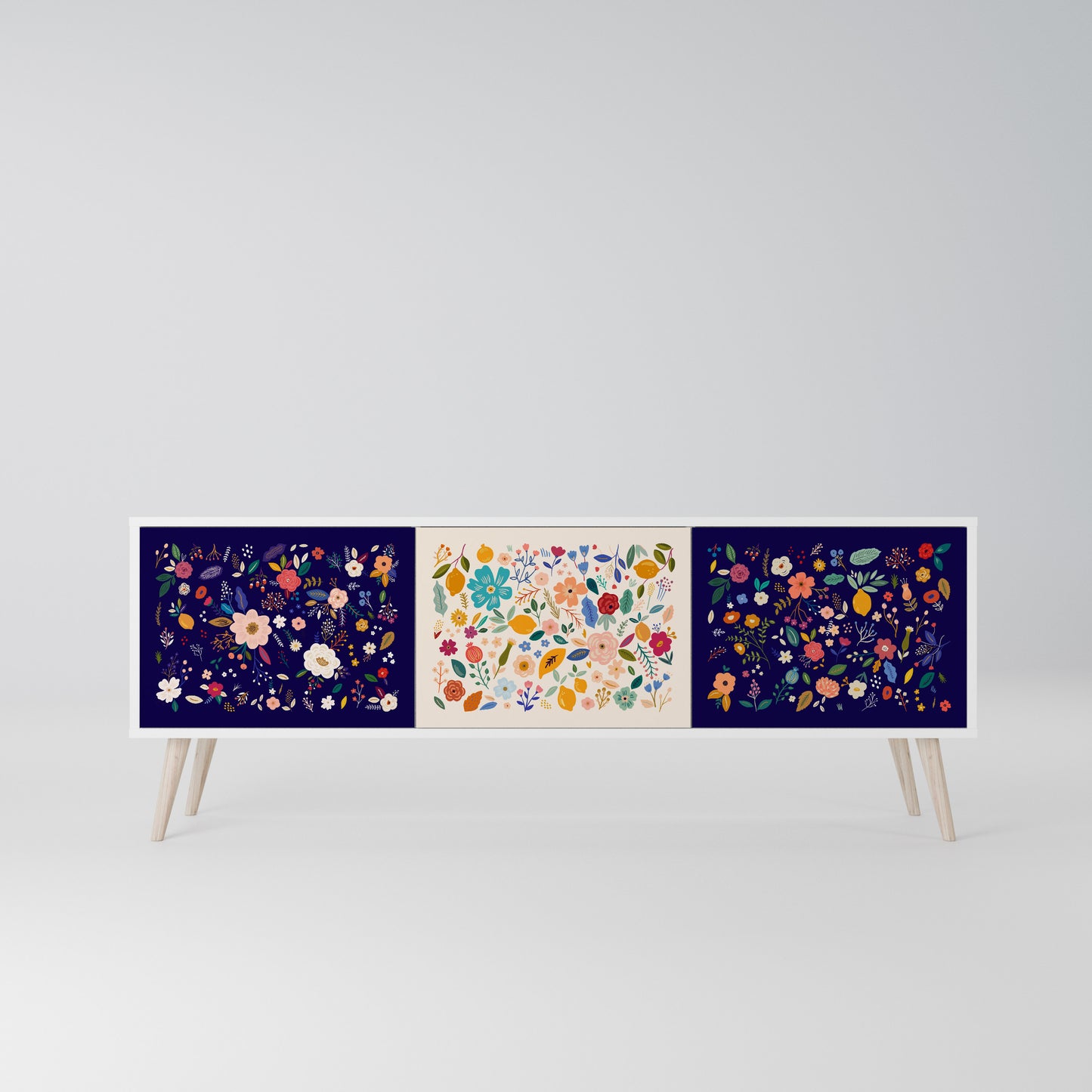 FLORAL COMBINATION 3-Door TV Stand in White Finish