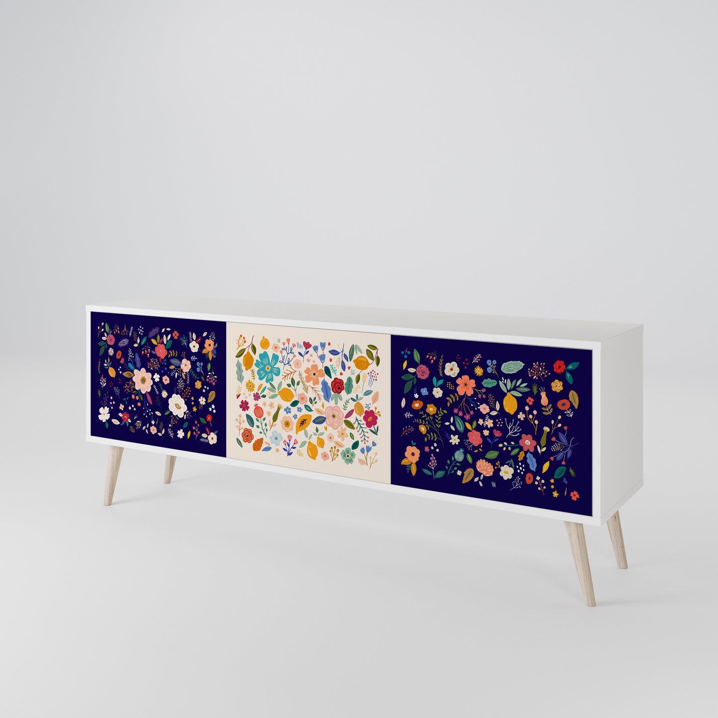 FLORAL COMBINATION 3-Door TV Stand in White Finish