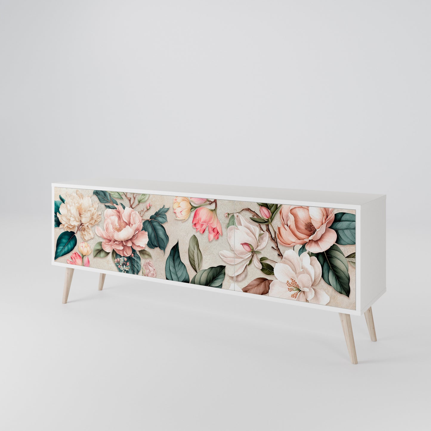 FLORAL GRACE 3-Door TV Stand in White Finish