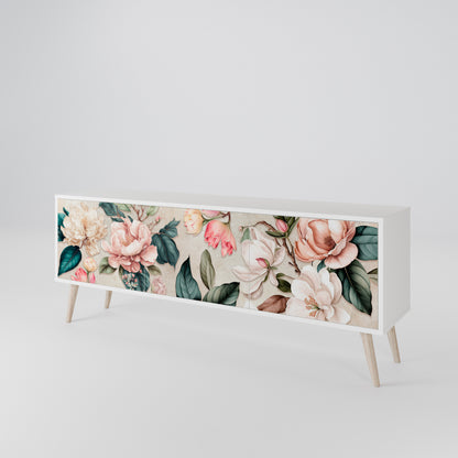 FLORAL GRACE 3-Door TV Stand in White Finish