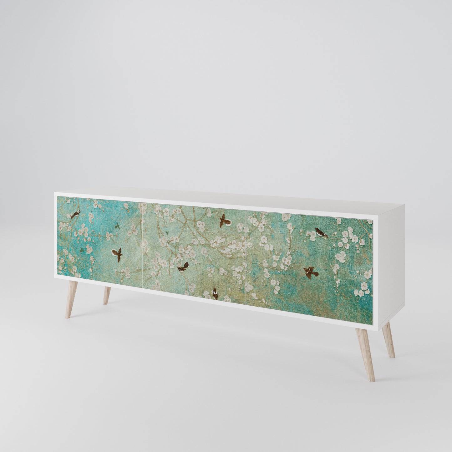 BLOOMING CHARM 3-Door TV Stand in White Finish