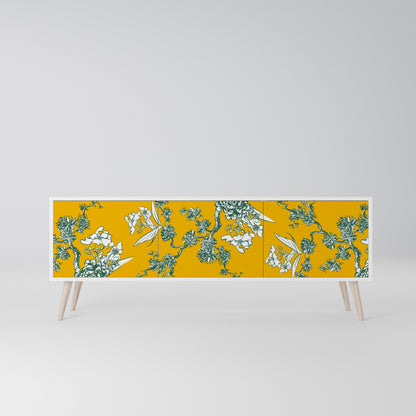 YELLOW CHINOISERIE 3-Door TV Stand in White Finish