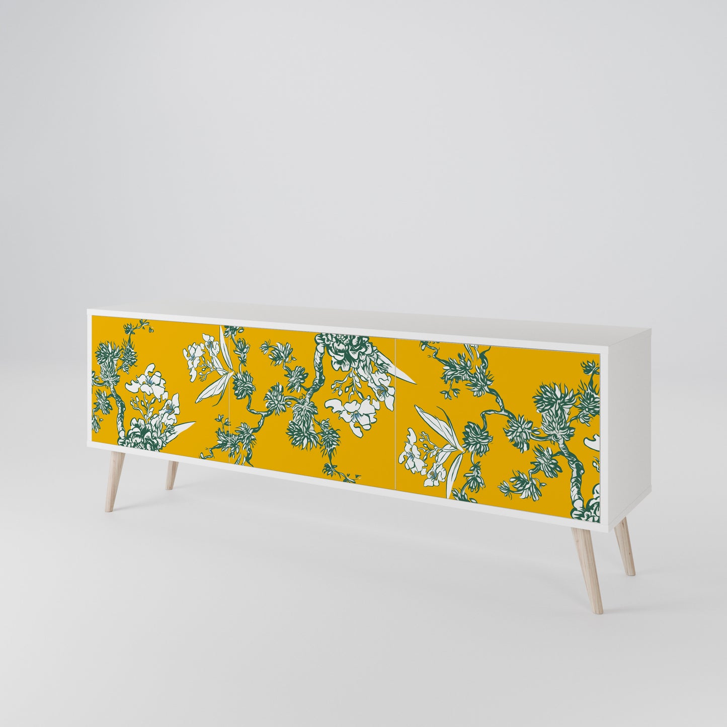 YELLOW CHINOISERIE 3-Door TV Stand in White Finish